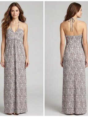 Toast UK Maxi Dress M Brown White Abstract Swirl Print Halter Lagenlook Boho